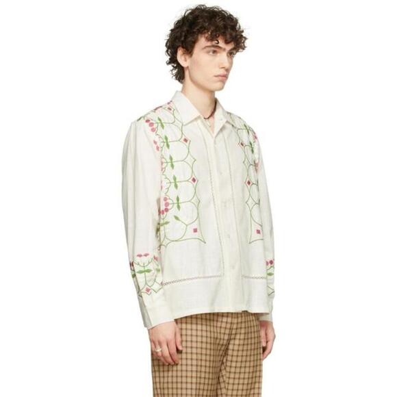 BODE Mens White Embroidered Nouveau Fleur Shirt Size L/XL plain-woven linen Boho - Picture 14 of 15